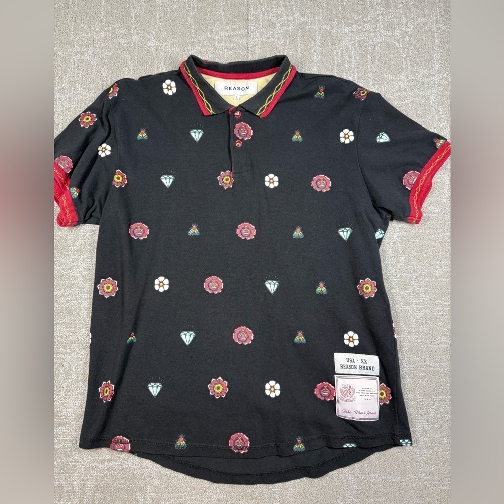 Reason Brand Mens Polo Floral Diamond Fly Polo Short Sleeve Mens Shirt Large